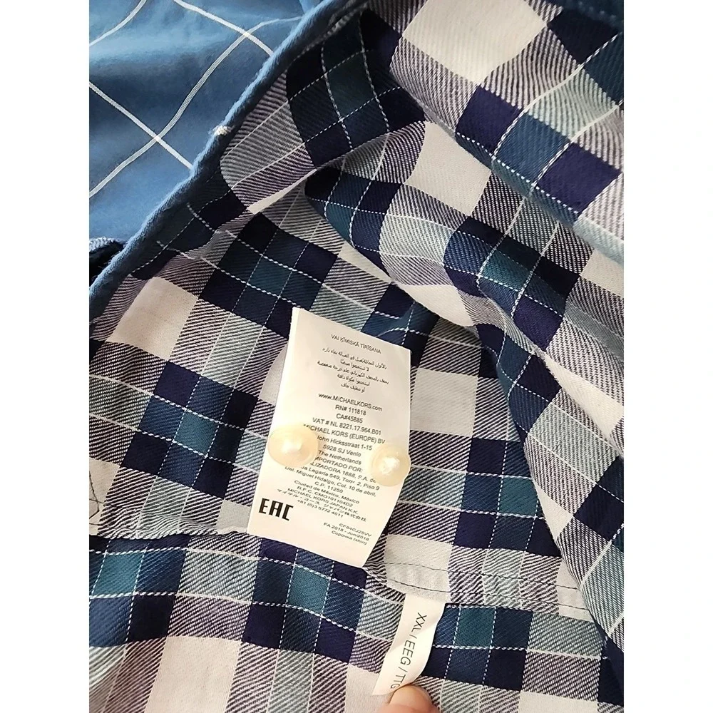 Michael Kors‎ Mens XXL Slim Fit Blue Check Button Down Shirt Long Sleeve